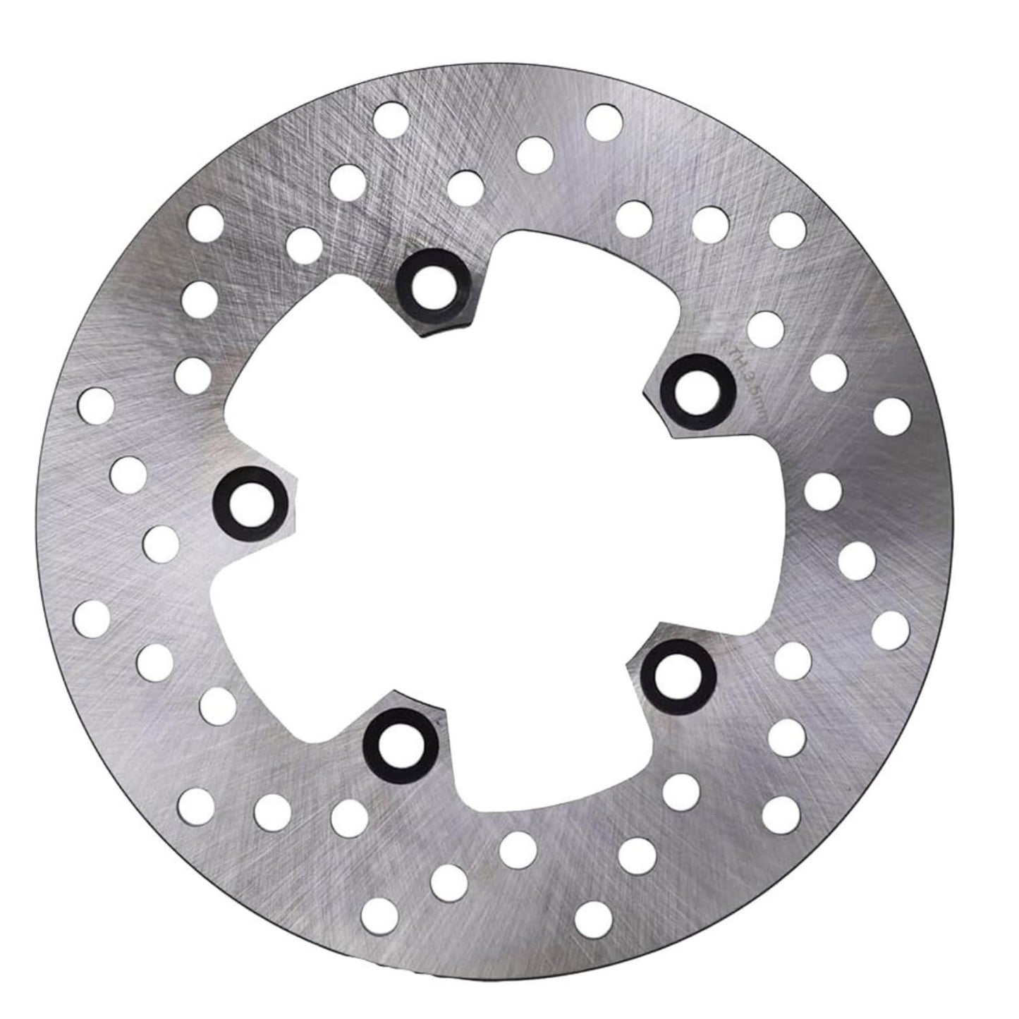Metallic brake disc with multiple holes on a white background