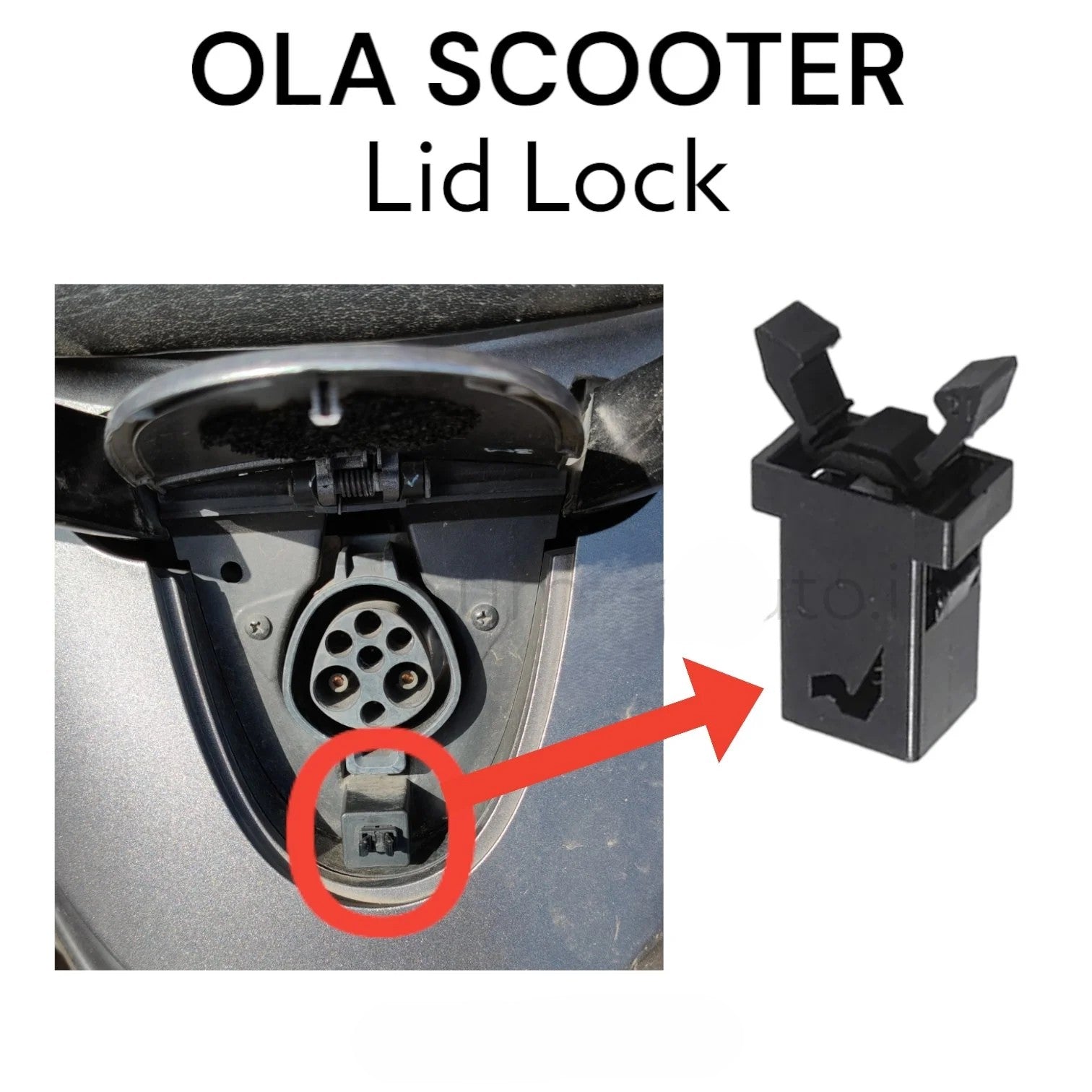 Ola scooter lid lock with close-up of lock mechanism and scooter part.
