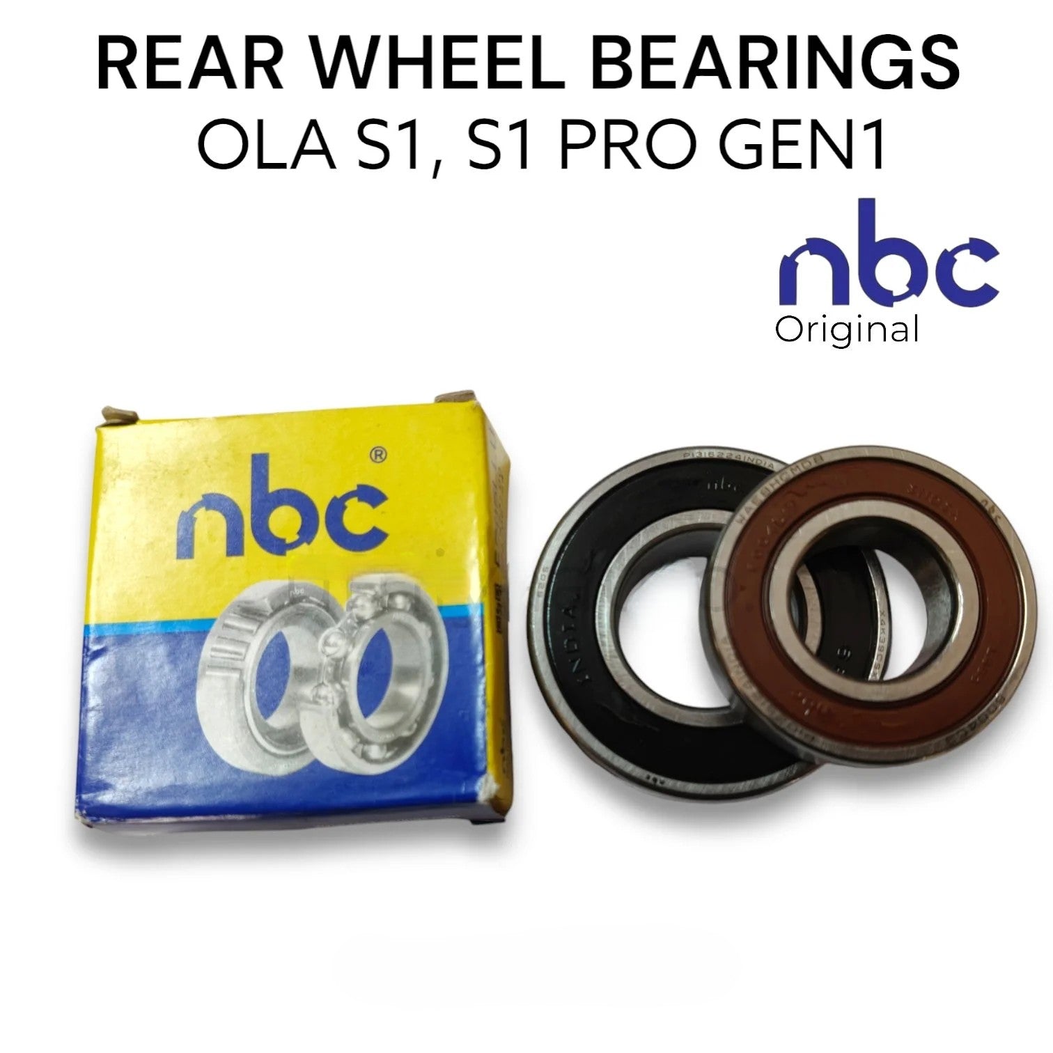 Rear wheel bearings with packaging labeled 'OLA S1, S1 PRO GEN1' and 'nbc Original' on a white background.