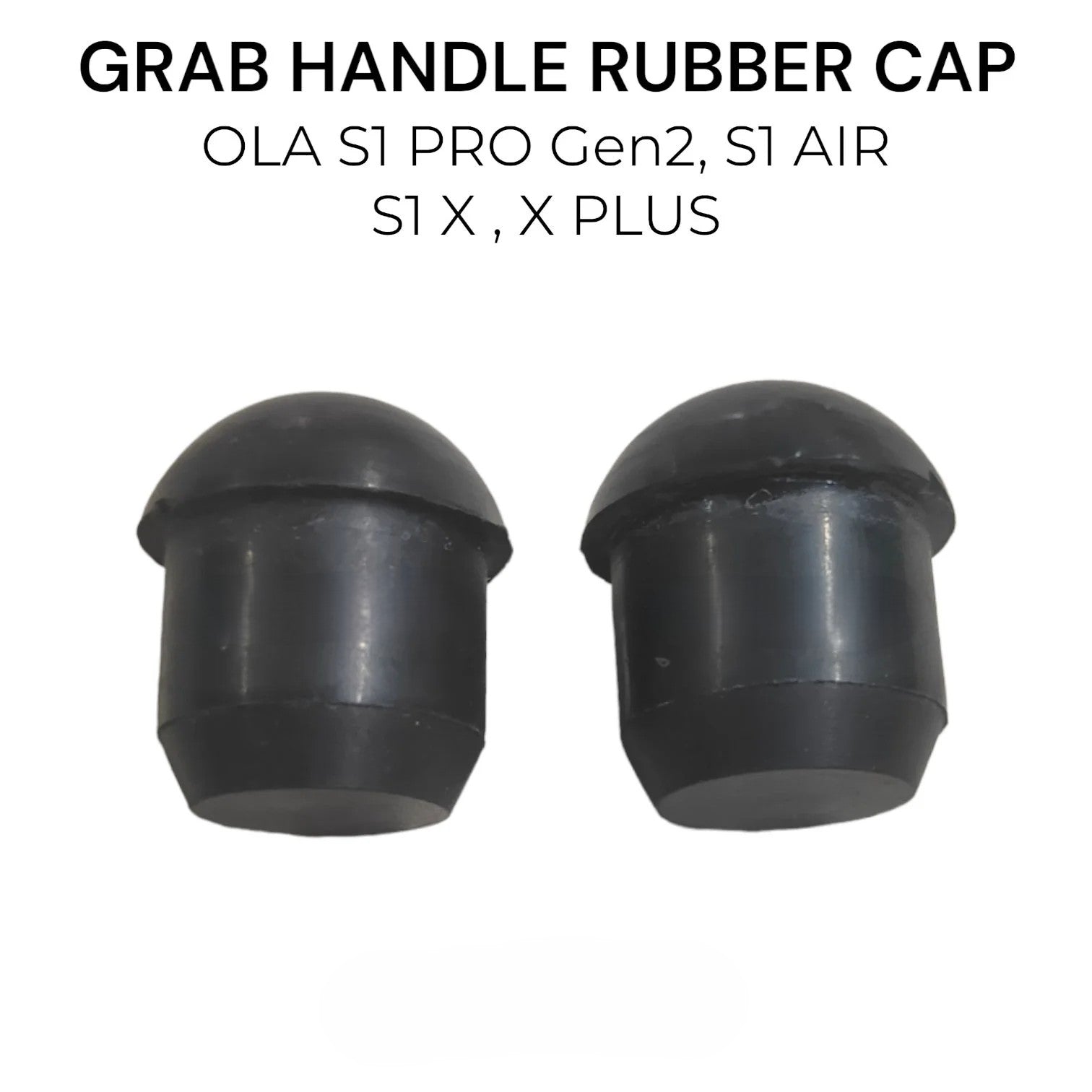 Two black grab handle rubber caps on a white background with text indicating compatibility.