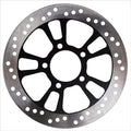 Motorcycle brake disc with metallic finish on a white background