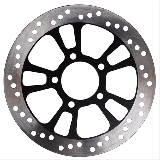 Motorcycle brake disc with metallic finish on a white background