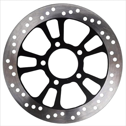 Motorcycle brake disc with metallic finish on a white background
