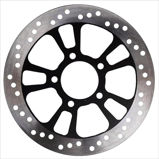 Motorcycle brake disc with metallic finish on a white background