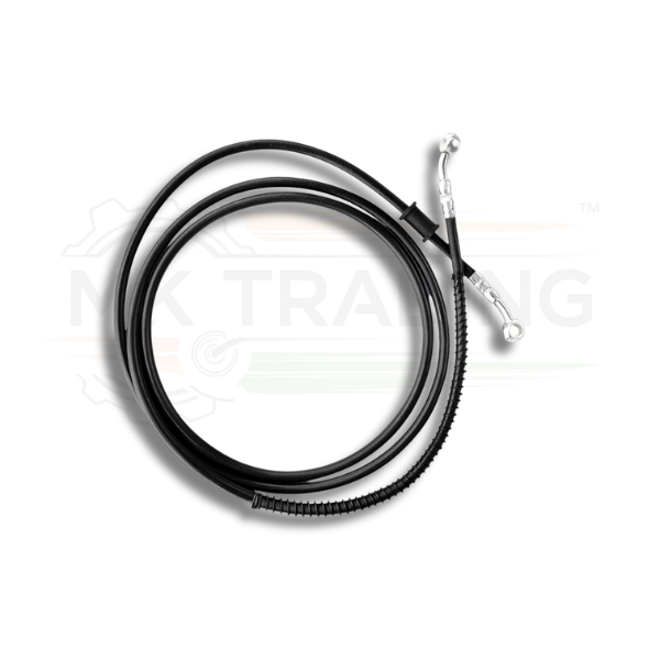 Coiled black cable with a metallic connector on a white background