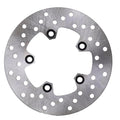 Metallic brake disc with multiple holes on a white background
