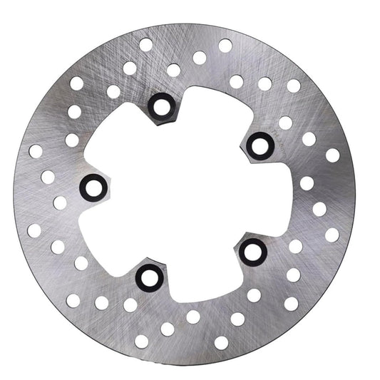 Metallic brake disc with multiple holes on a white background