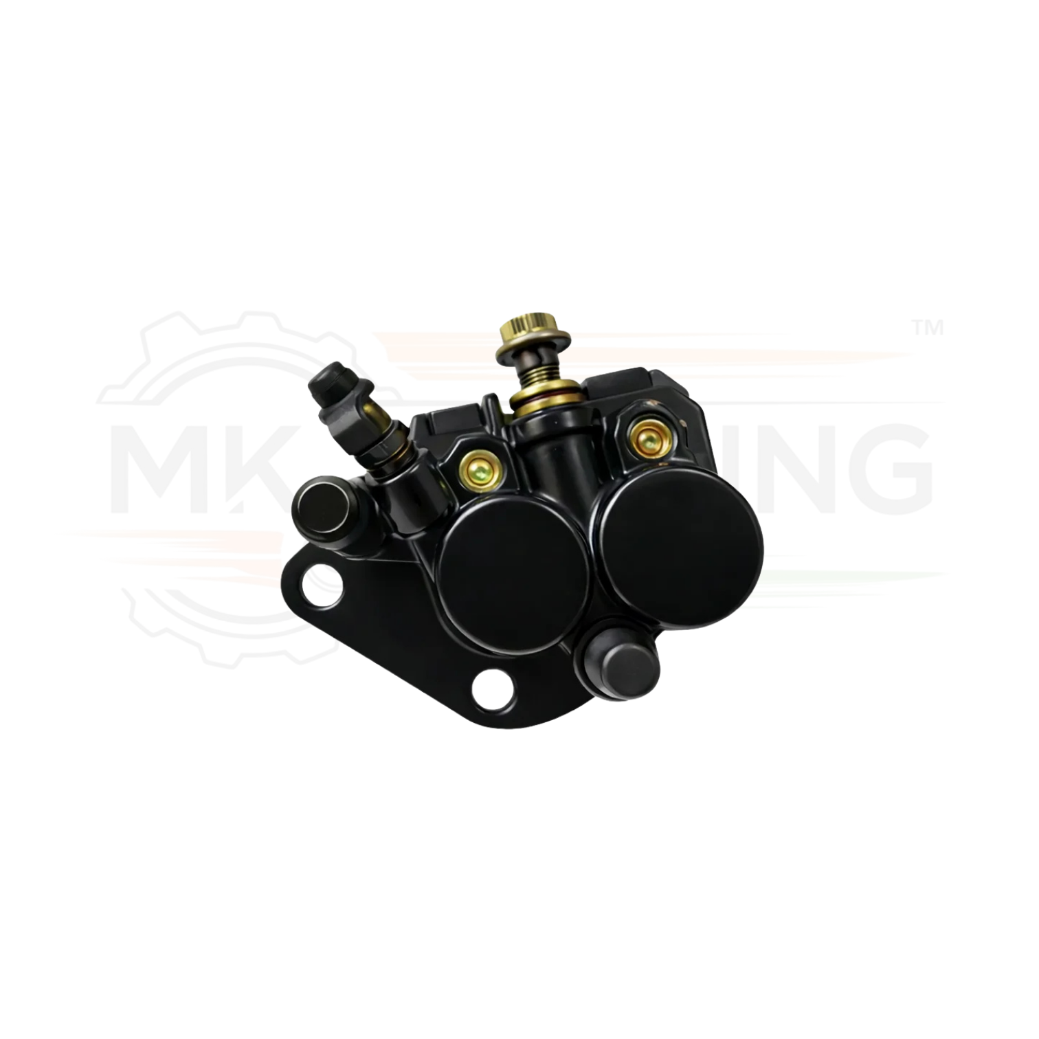 Black mechanical component with gold screws on a white background