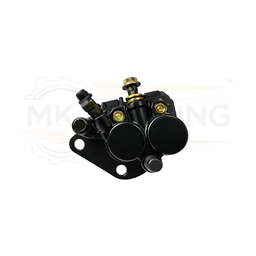 Black mechanical component with gold screws on a white background