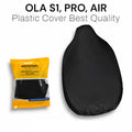 Black motorcycle seat cover with packaging on a white background, featuring 'OLA S1, PRO, AIR' text.