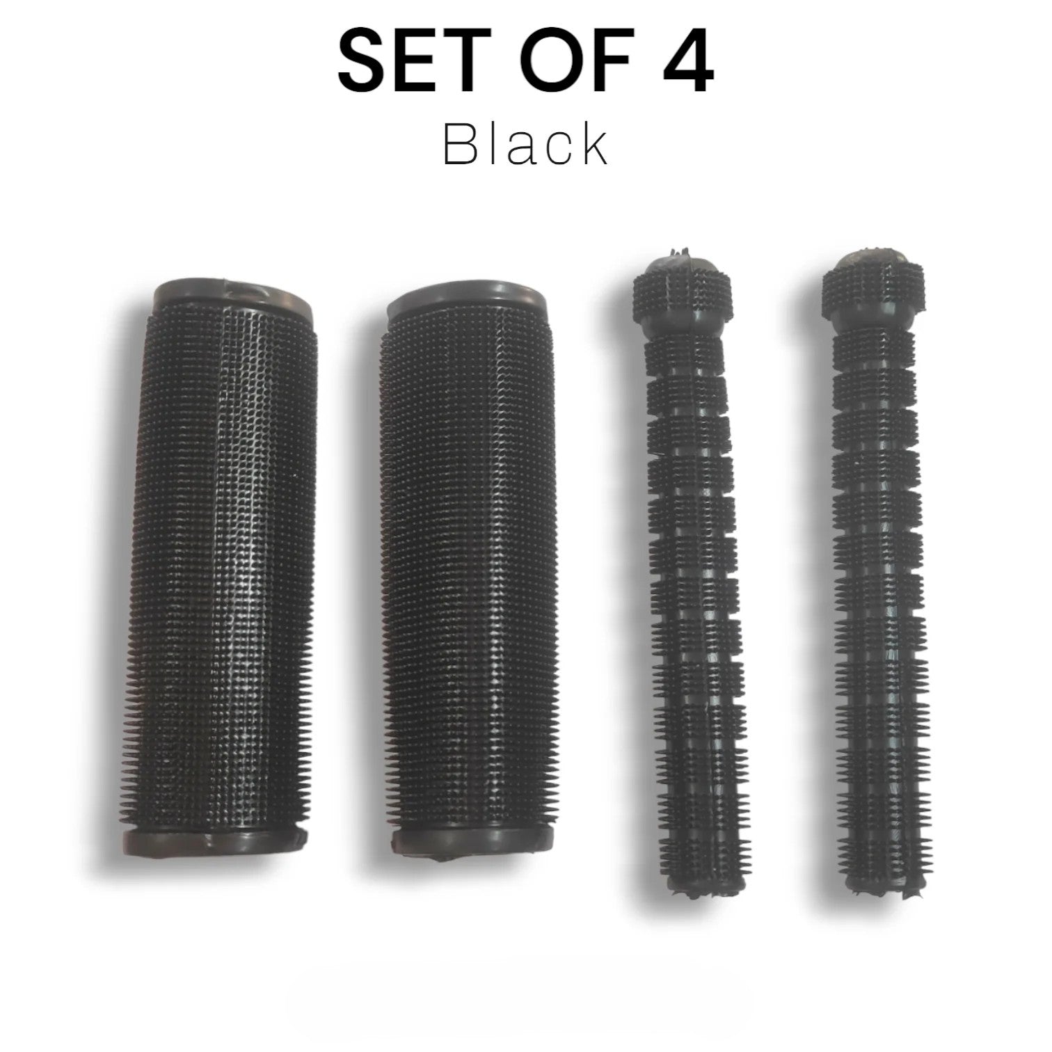 Set of four black hair styling rollers on a white background with 'Set of 4' text above.