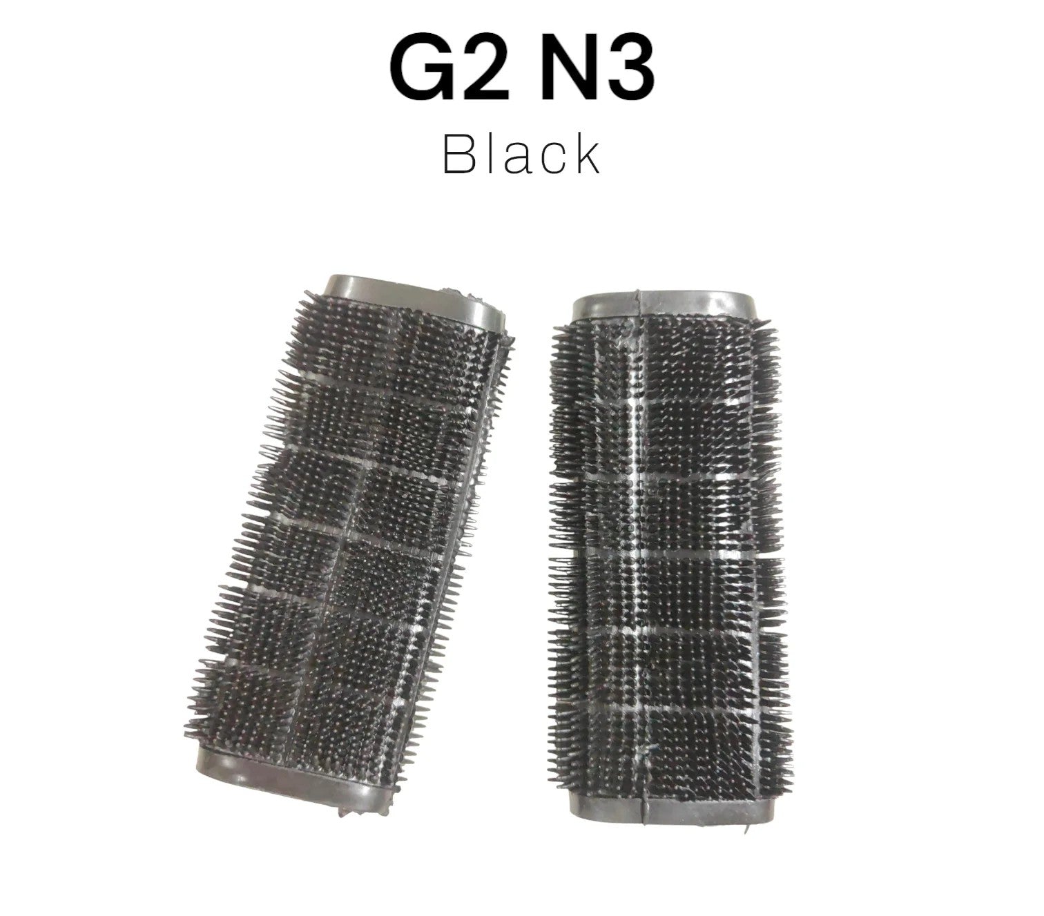 Two black hairbrush bristle rolls labeled G2 N3 on a white background