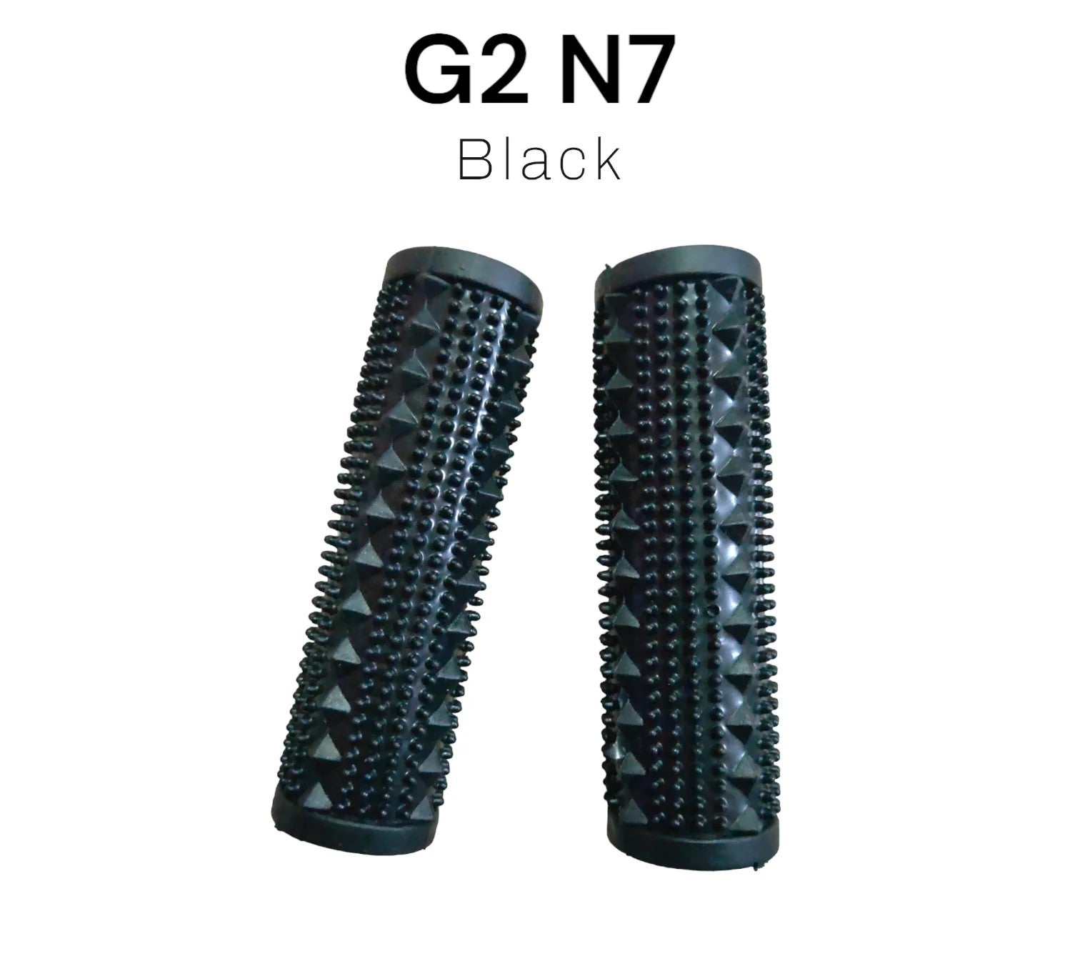 Two black textured cylindrical objects with 'G2 N7' and 'Black' text on a white background.