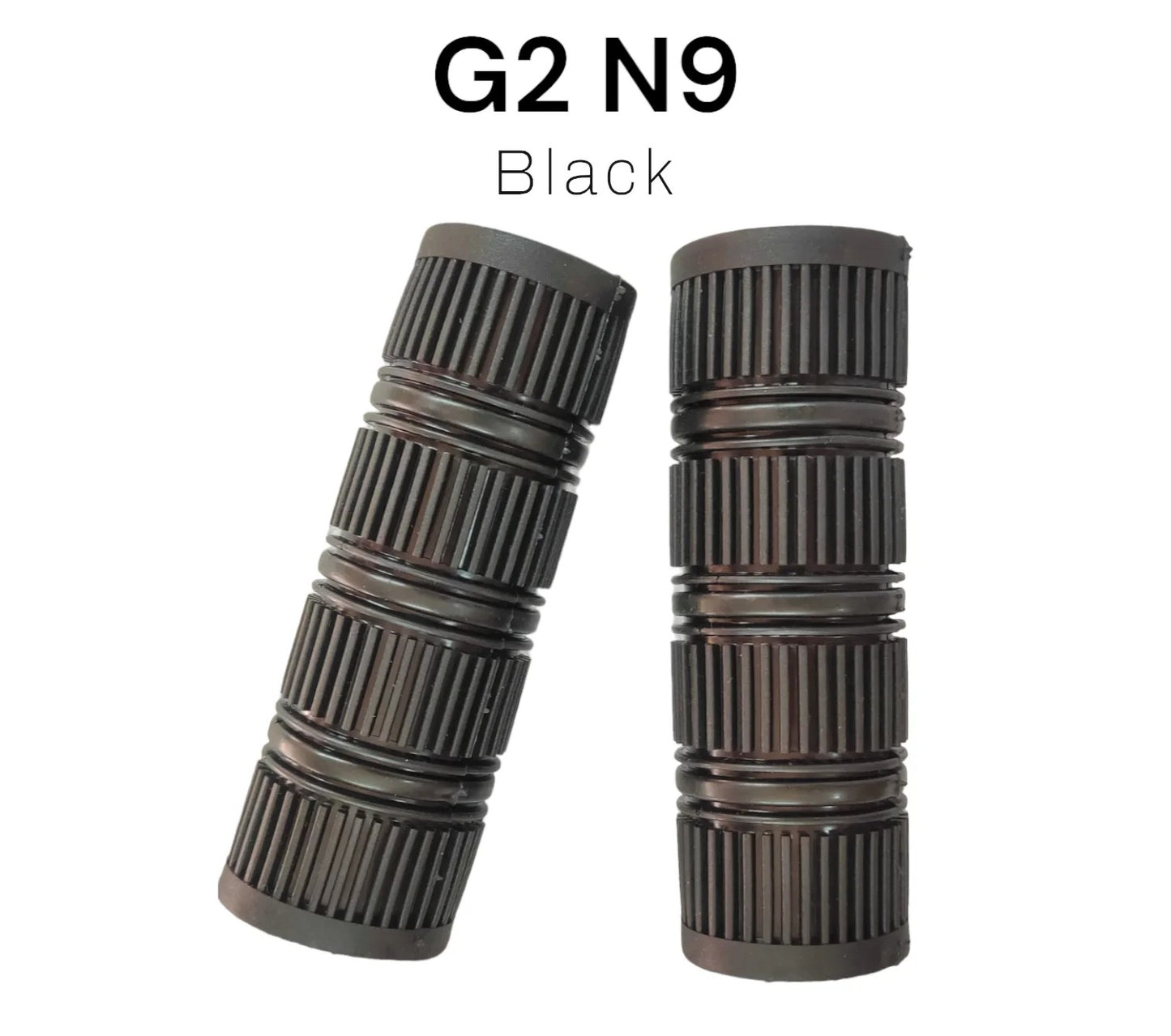 Two black cylindrical objects with 'G2 N9' text on a white background
