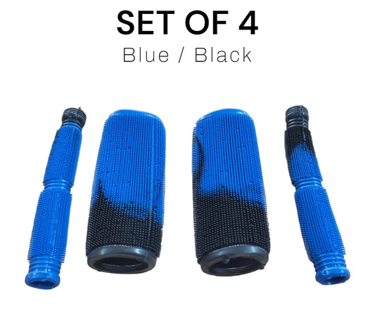 Set of four blue and black hair rollers on a white background