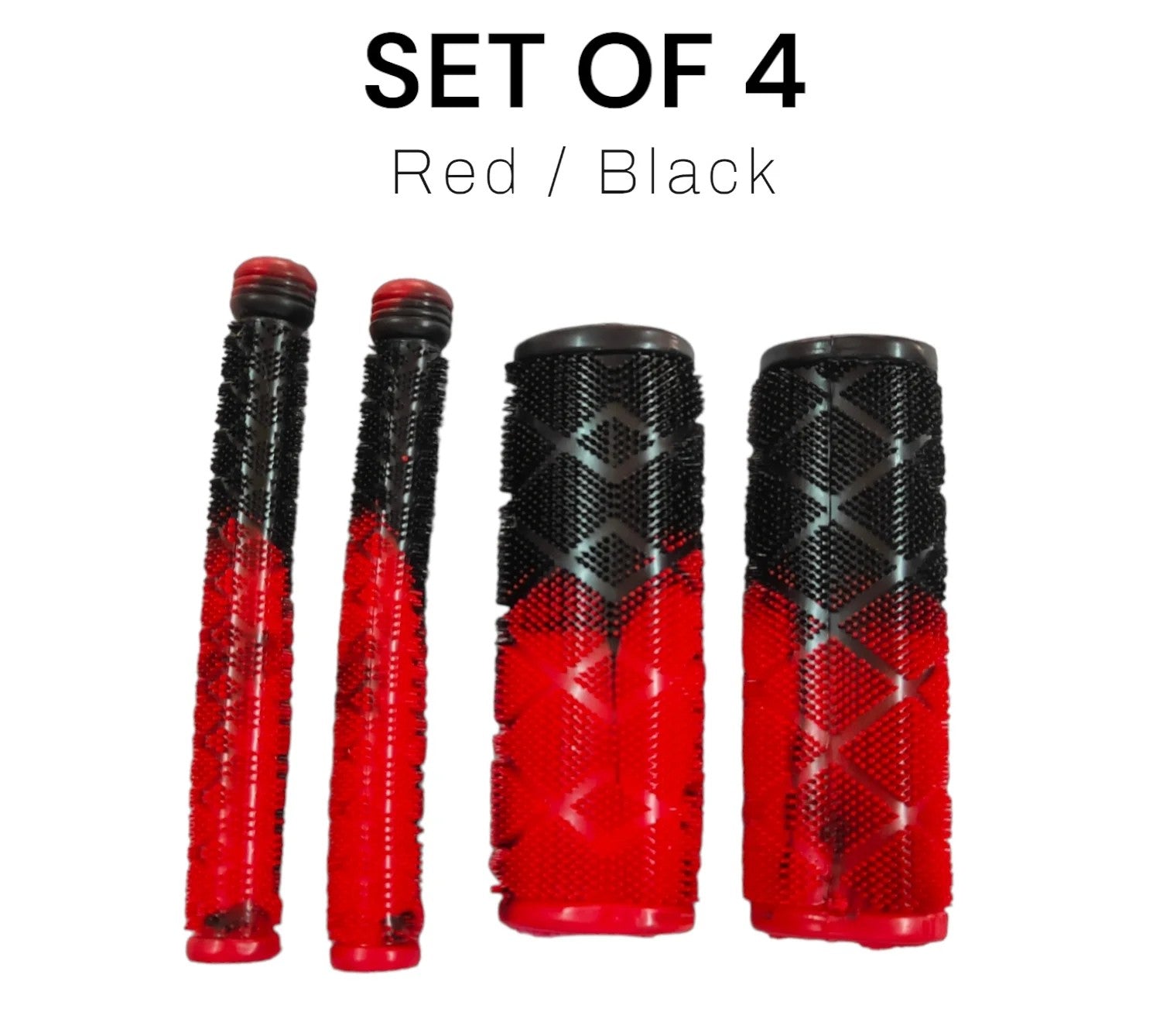Set of 4 red and black textured grips on a white background
