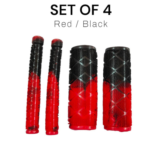 Set of 4 red and black textured grips on a white background