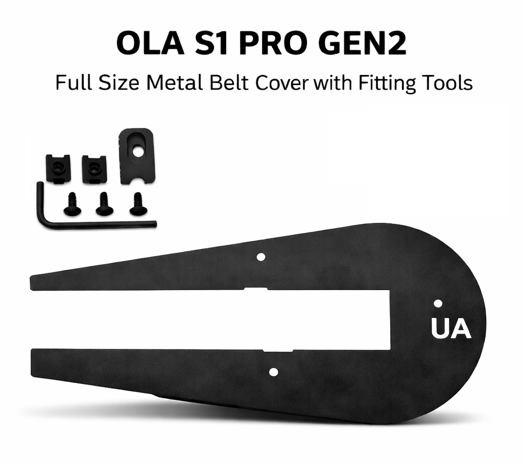 Black metal belt cover with fitting tools and 'UA' branding on a white background