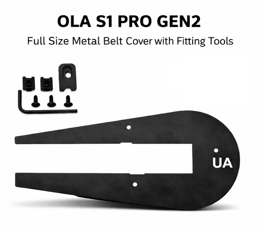Black metal belt cover with fitting tools and 'UA' branding on a white background