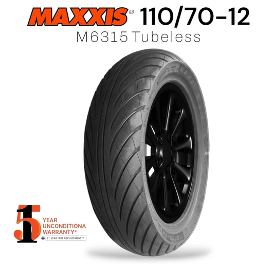 Maxxis tire with specifications and warranty information on a white background