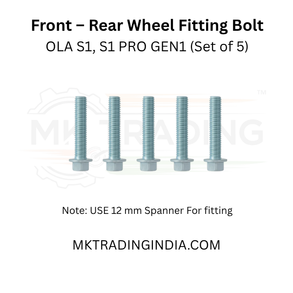 Set of five front-rear wheel fitting bolts for OLA S1 and S1 PRO GEN1 on a white background with branding and product details.