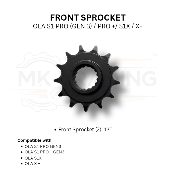 Black front sprocket with compatibility details on a white background